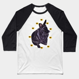 Cute fluffy bunny rabbit with sunflowers of summer - ebony colored coloured lionhead bunny rabbit with pink background Baseball T-Shirt